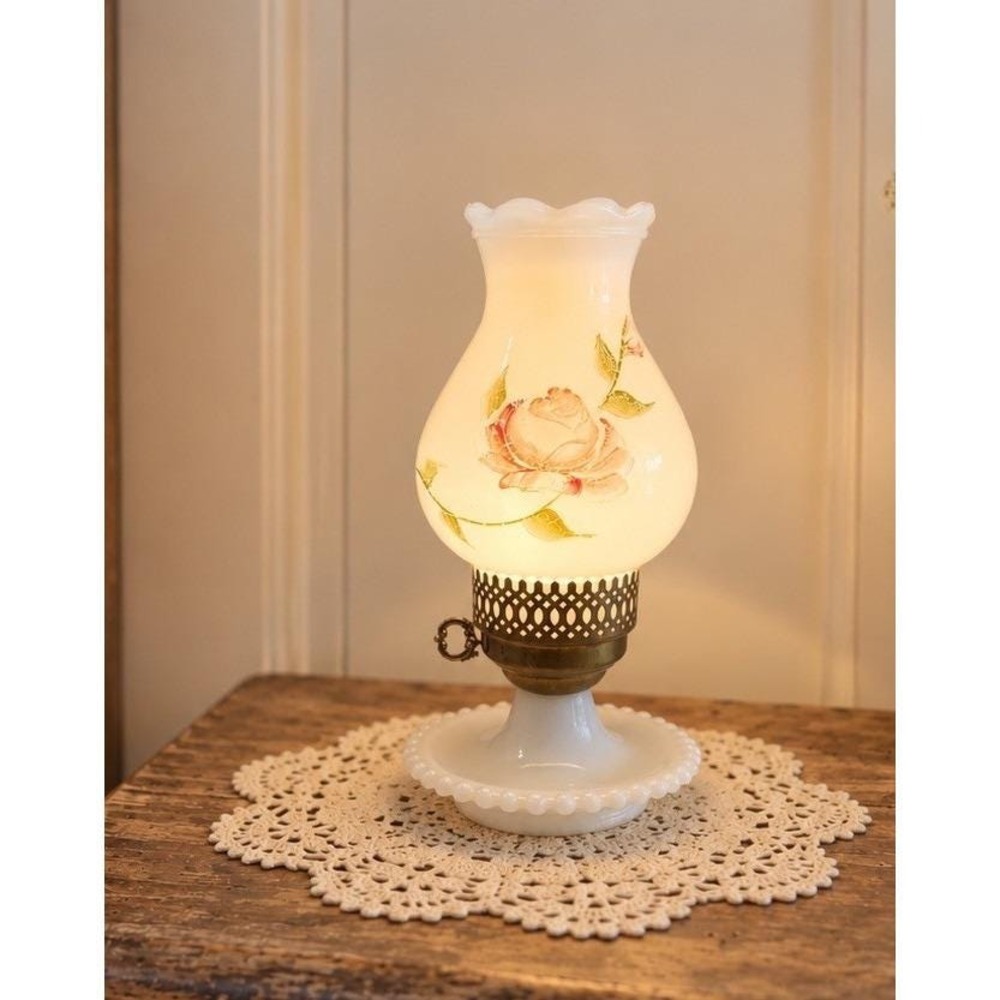 Milk Glass Hurricane Vanity Table Lamp Cottagecore Style Ruffled Floral Chimney